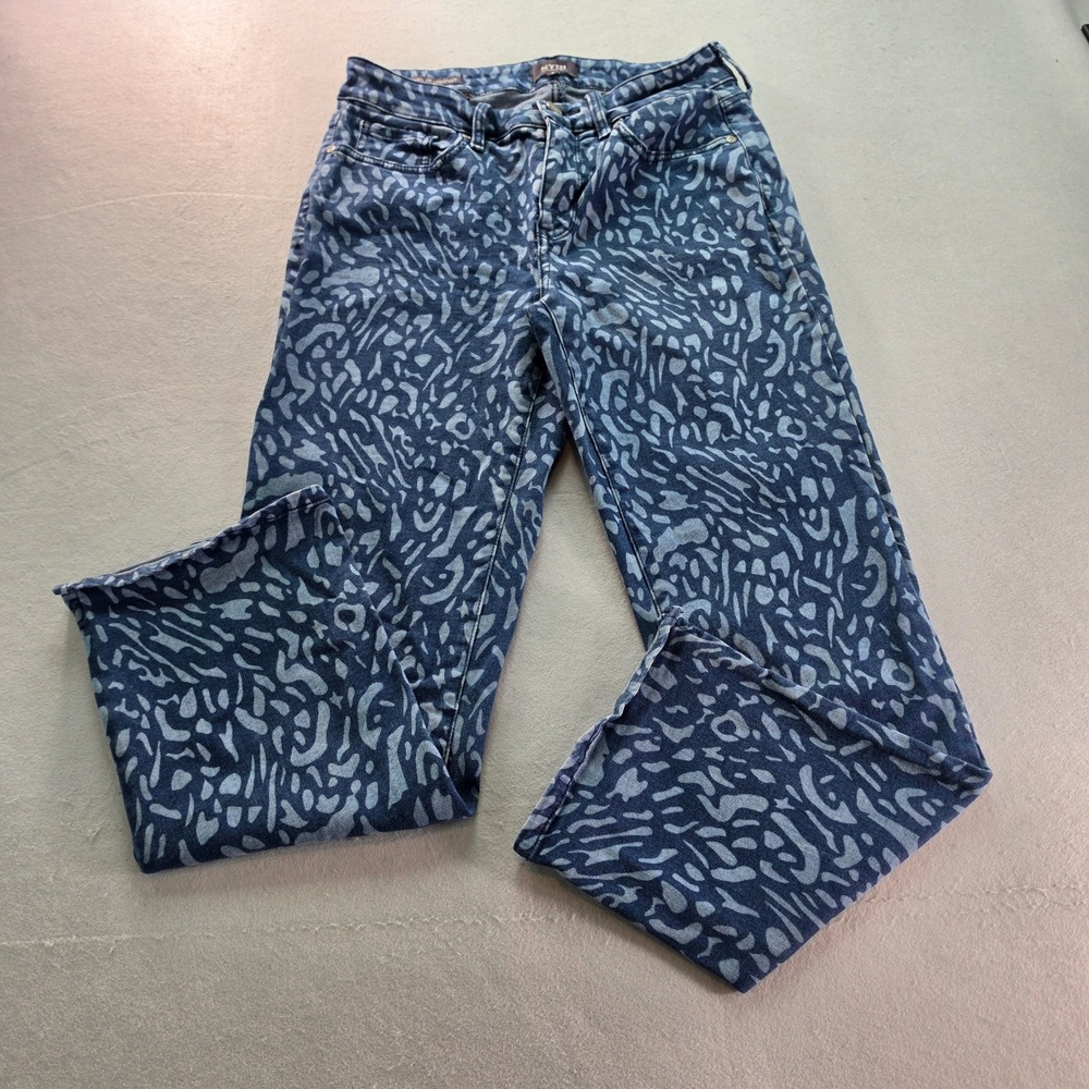NYDJ Marilyn Straight Statement Animal Print Jeans Blue Lift Tuck Stretch Size 6